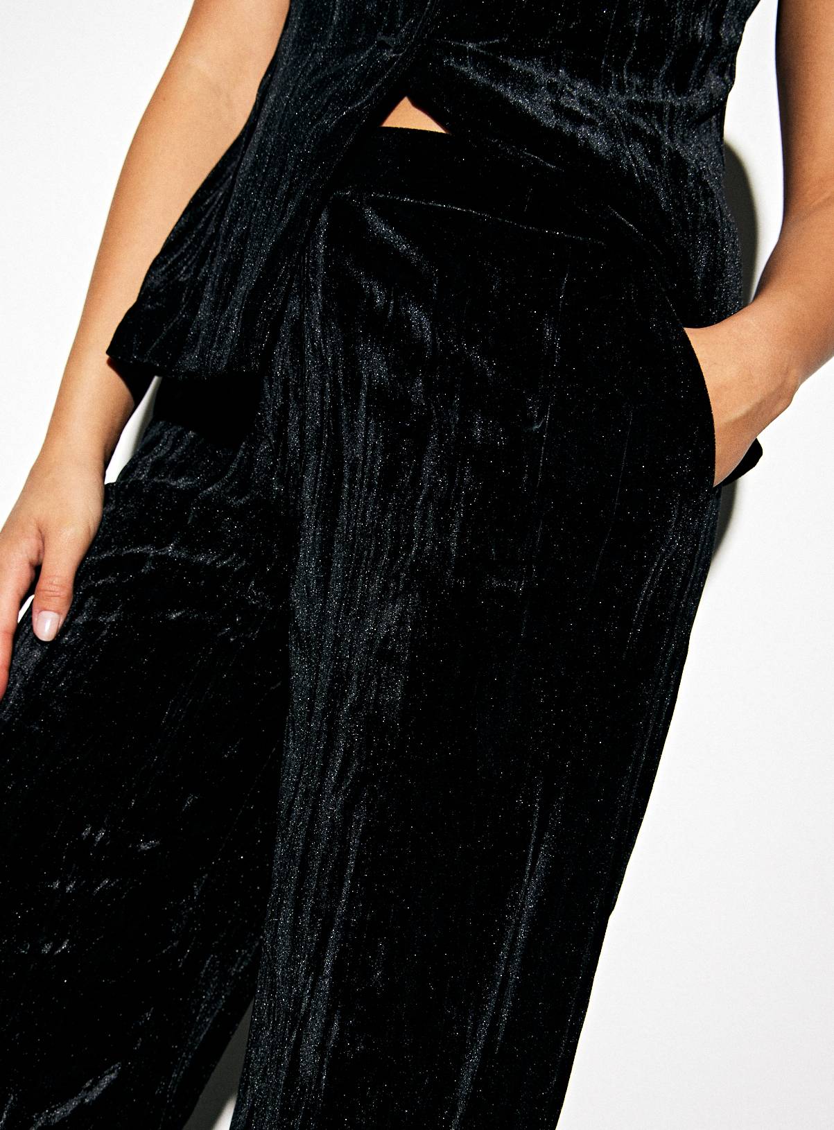 Black Crinkle Velvet Wide Leg Co-ord Trousers  10R - Image 3