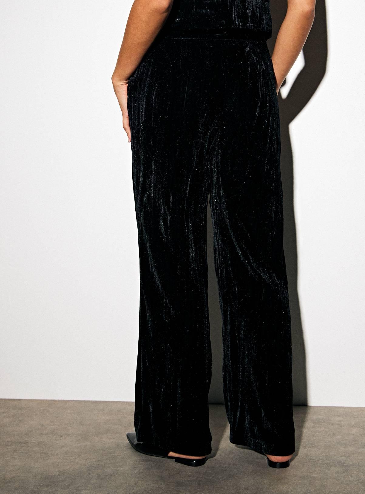 Black Crinkle Velvet Wide Leg Co-ord Trousers  10R - Image 4