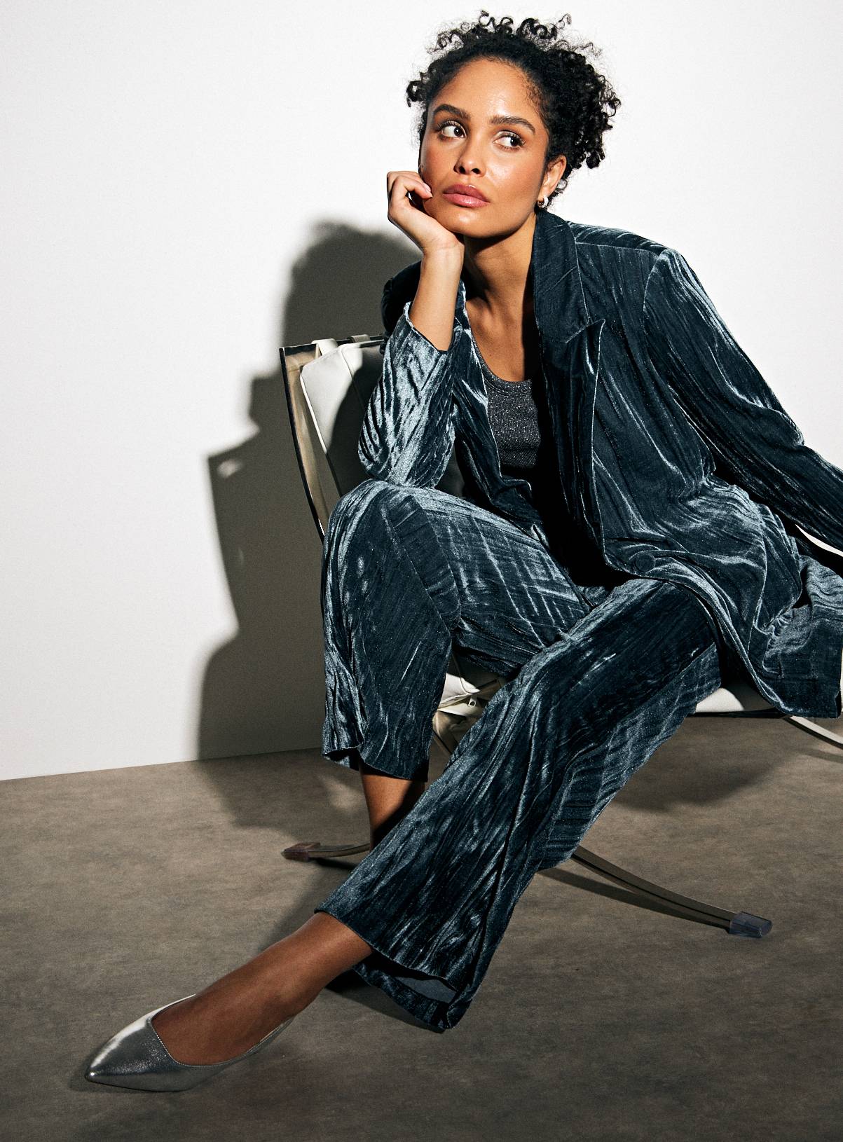 Teal Crinkle Velvet Wide Leg Co-ord Trousers  22S - Image 2