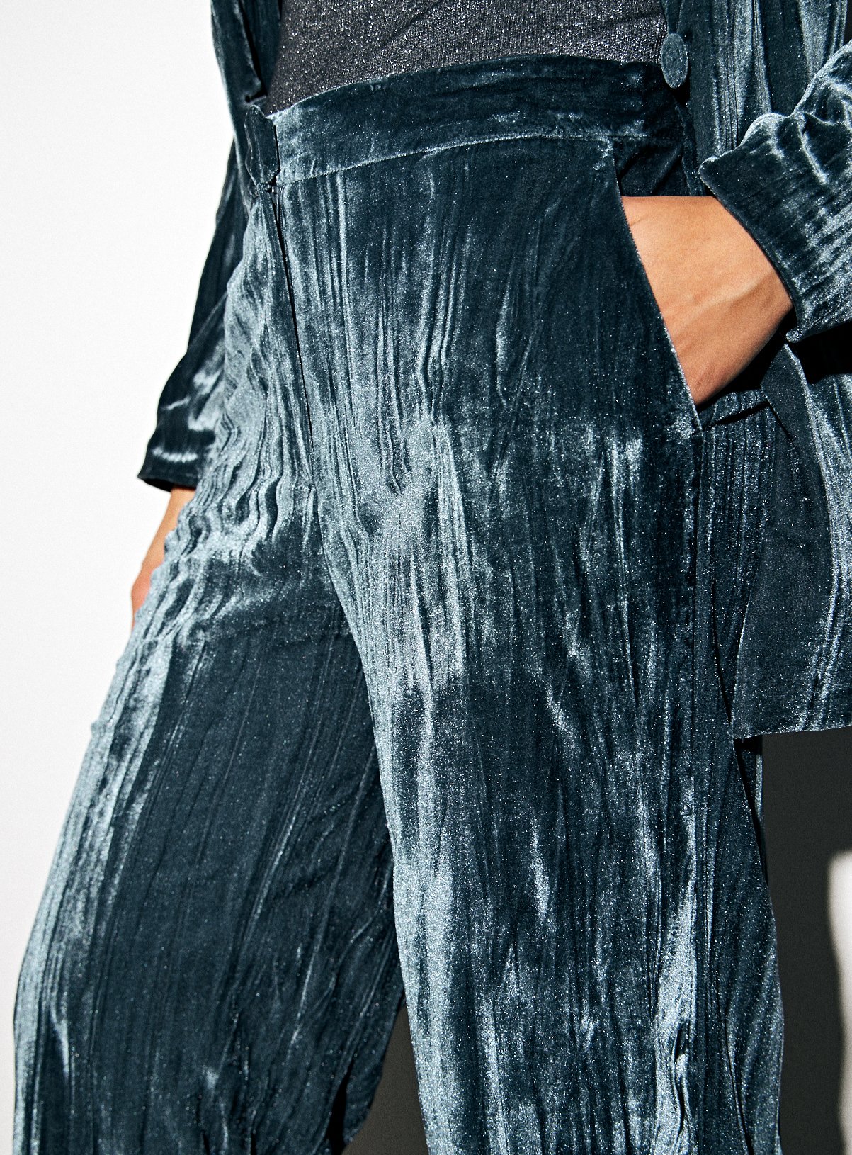Teal Crinkle Velvet Wide Leg Co-ord Trousers  22S - Image 3 thumbnail