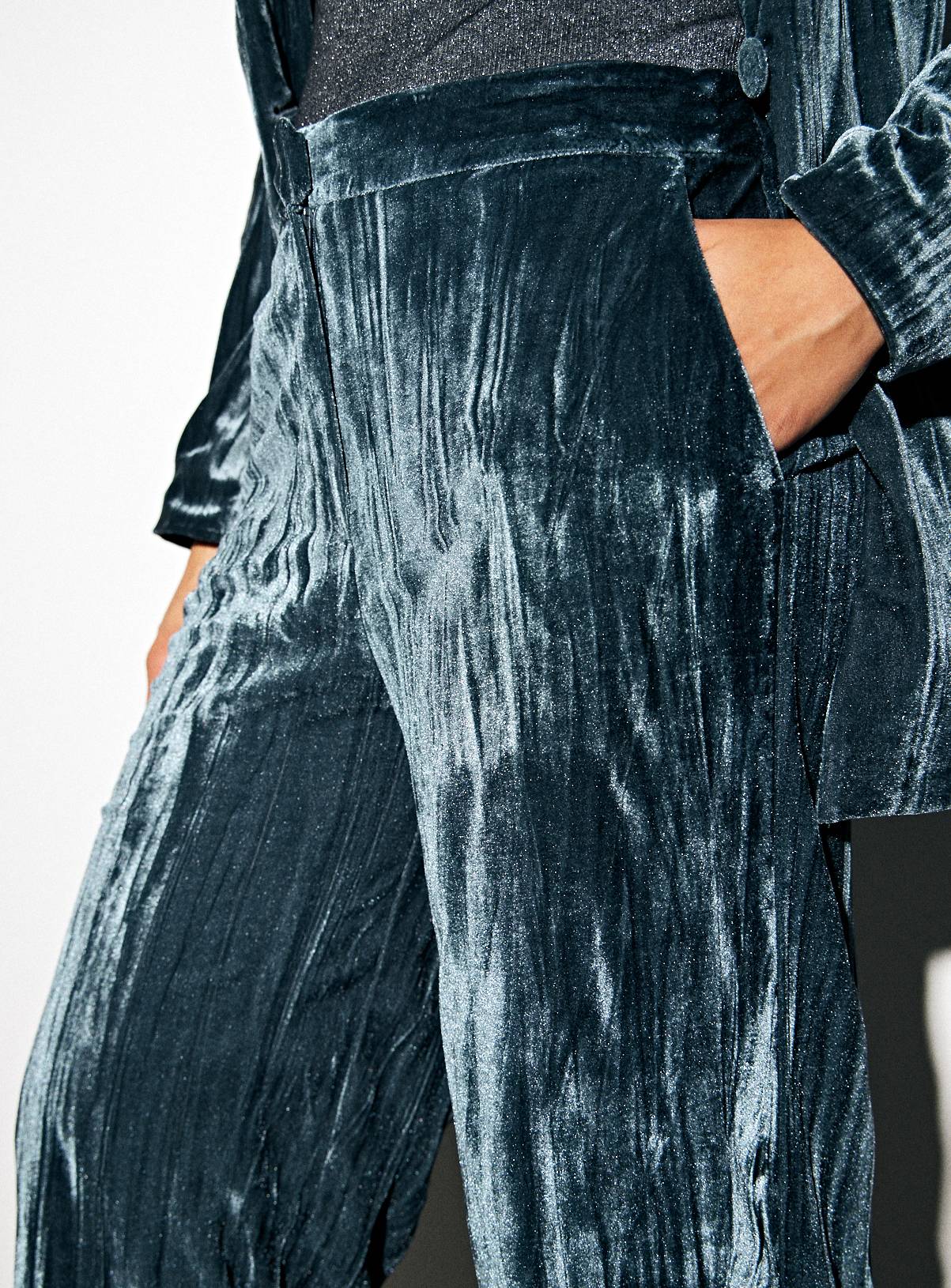 Teal Crinkle Velvet Wide Leg Co-ord Trousers  22S - Image 3