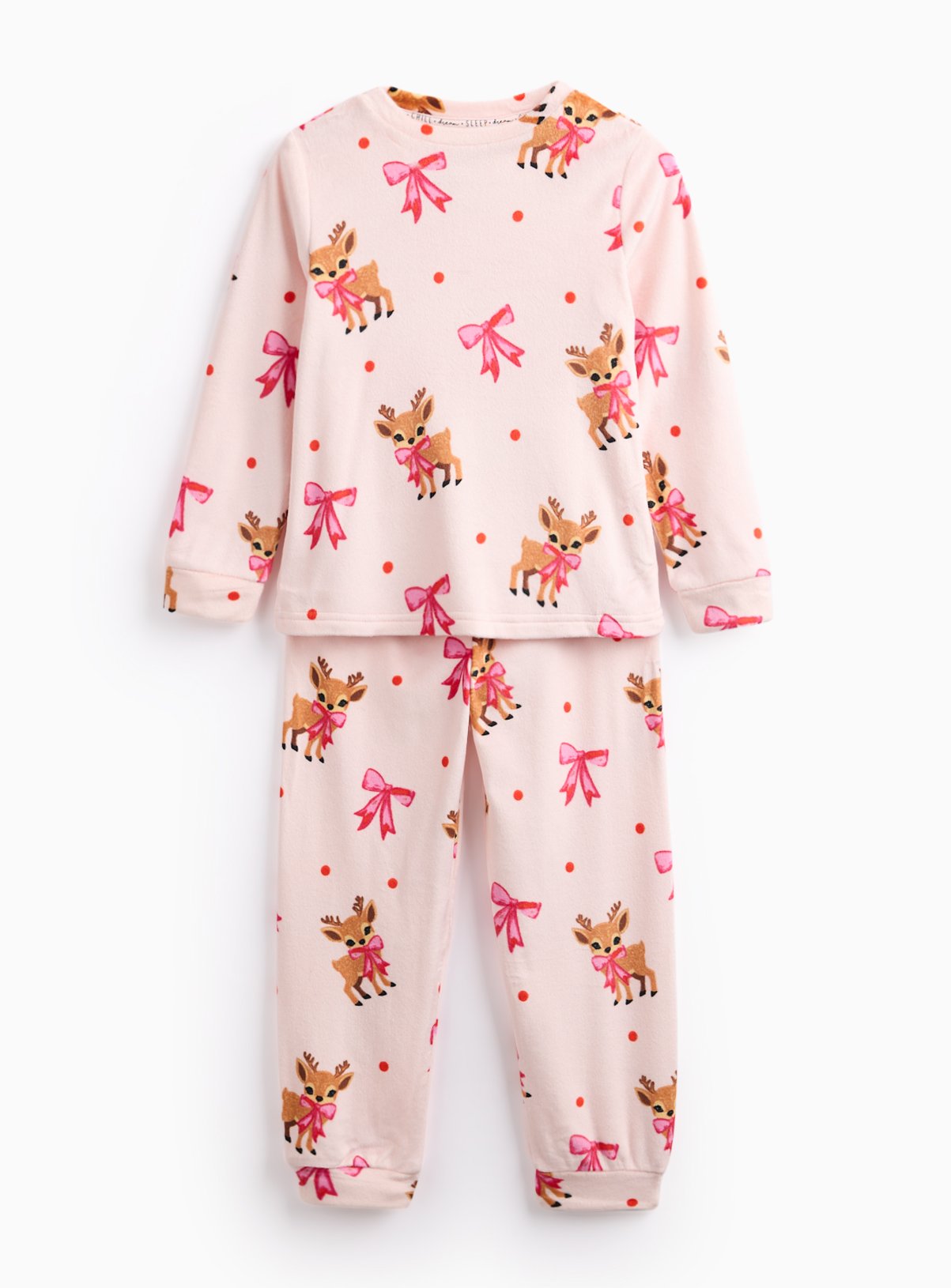 Cream Cream Pink Deer Bows Printed Slinky Fleece Pyjamas - Tu by Sainsbury's