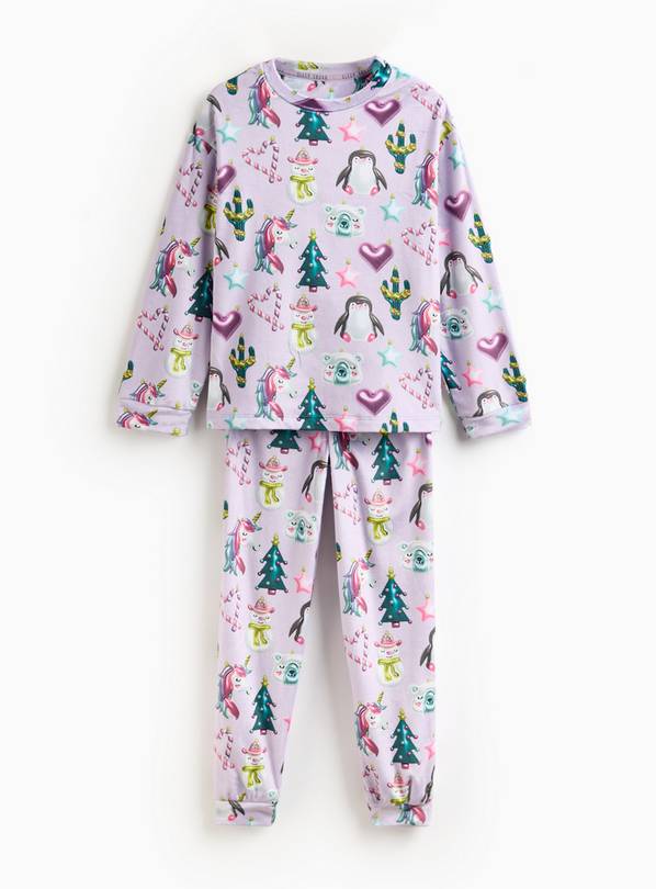 Lilac Christmas Unicorn Printed Slinky Fleece Pyjamas 8-9 years