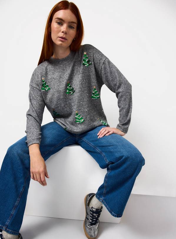 Grey Christmas Tree Sequin Embellished Jumper XXL
