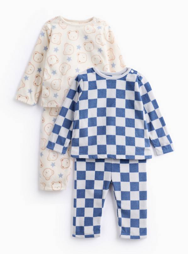 Blue Bear And Checkerboard Print Fleece Sleepsuit 2 Pack  6-9 months