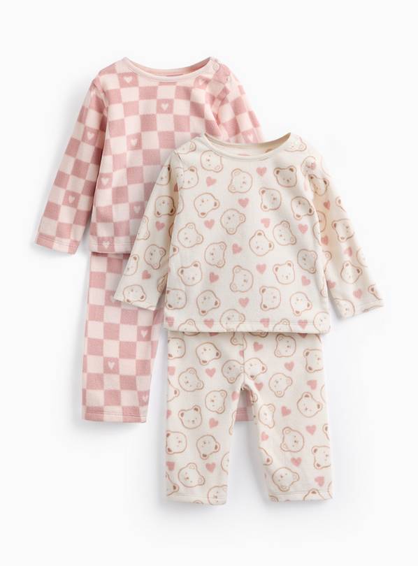 Chequered & Teddy Bear Printed Fleece Pyjamas 2 Pack 6-9 months