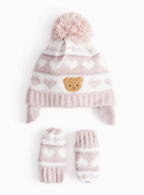 Pink Bear Fairisle Knitted Trapper Hat & Mittens Set 6-12 months