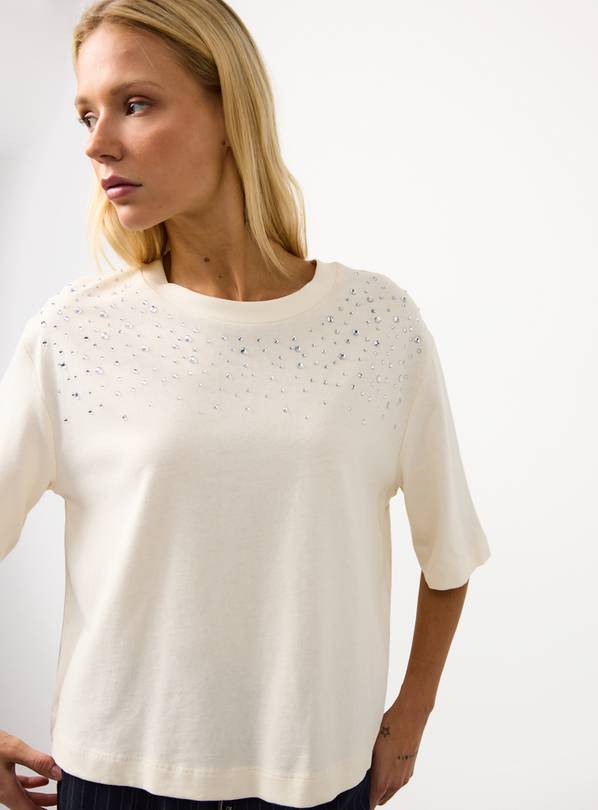 White Hotfix Embellished Boxy T-Shirt S