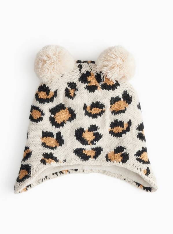 Cream Leopard Printed Knitted Pom Pom Hat Newborn