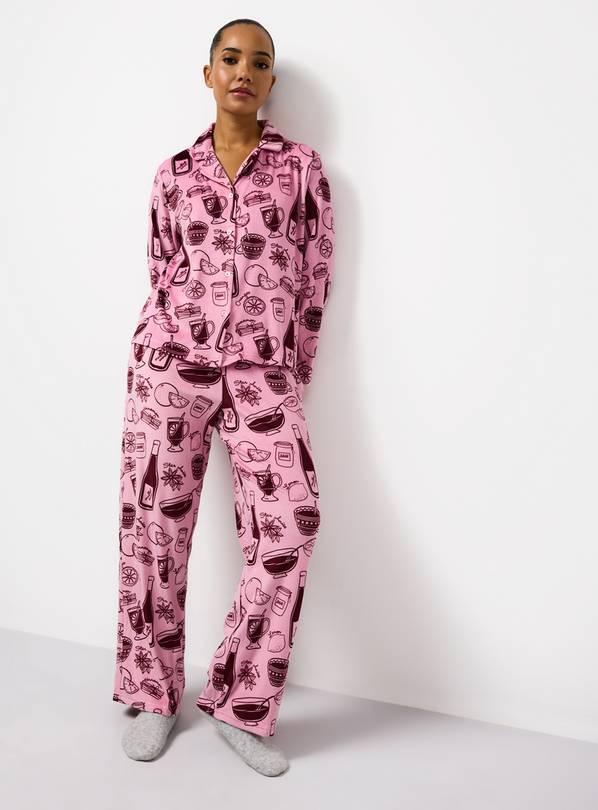 Women's Christmas Pink Mulled Wine Printed Slinky Fleece Pyjamas L