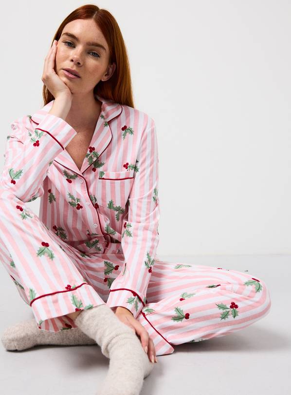 Pink Striped Holly Printed Jersey Pyjamas XL