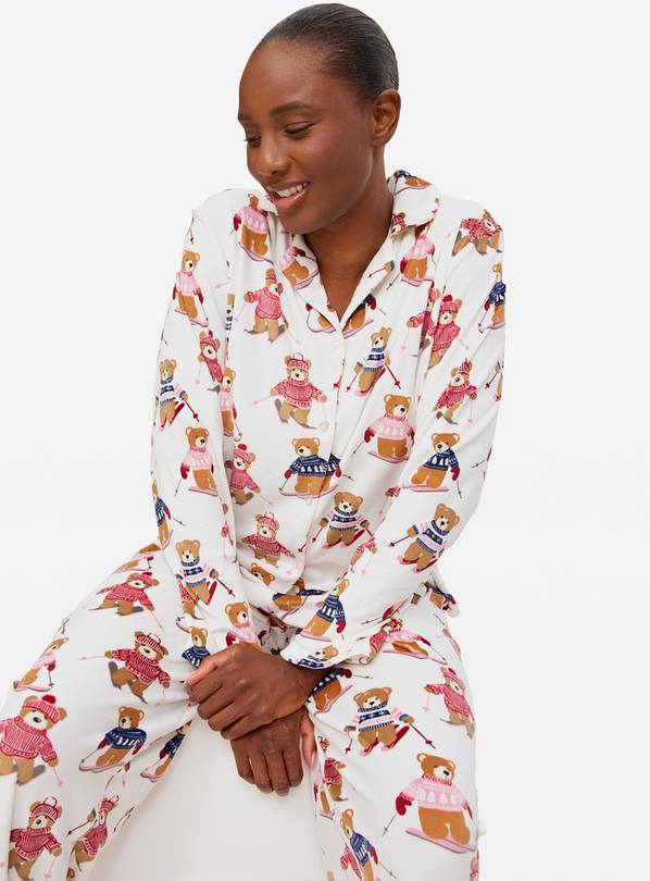 Mini Me Women's Christmas White Ski Bear Slinky Fleece Pyjamas L