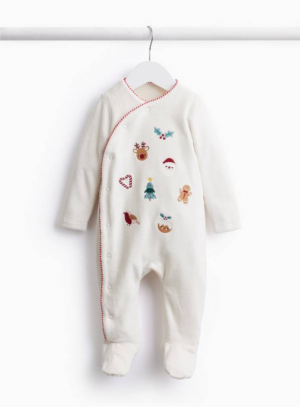 Unisex Christmas Velour Embroidered Sleepsuit Up to 3 mths