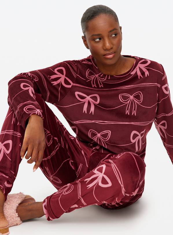 Burgundy Bows Slinky Fleece Pyjamas XS