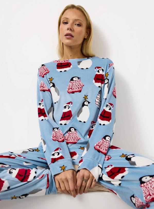 Matching Family Women's Christmas Blue Penguins Slinky Pyjamas 12-14