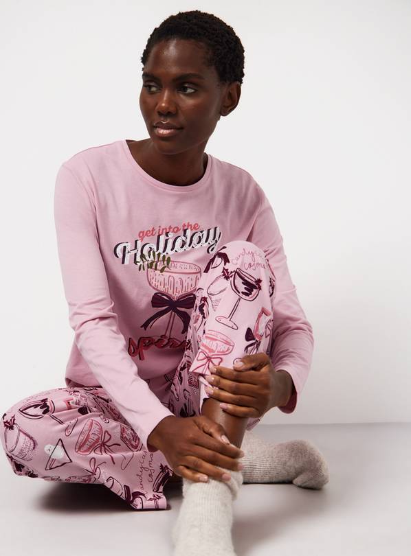 Pink Christmas Cocktails Printed Jersey Pyjamas XS