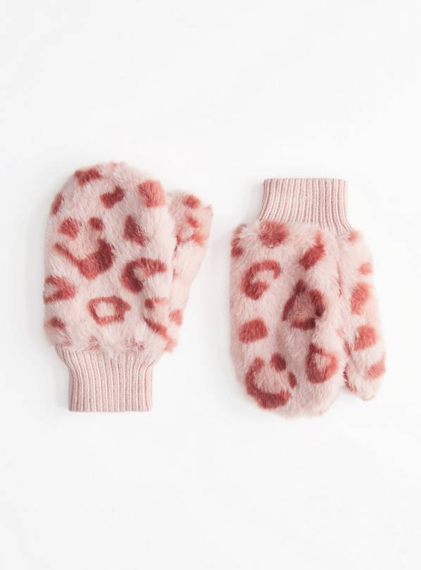 Pink Leopard Printed Faux Fur Mittens 3-5 years