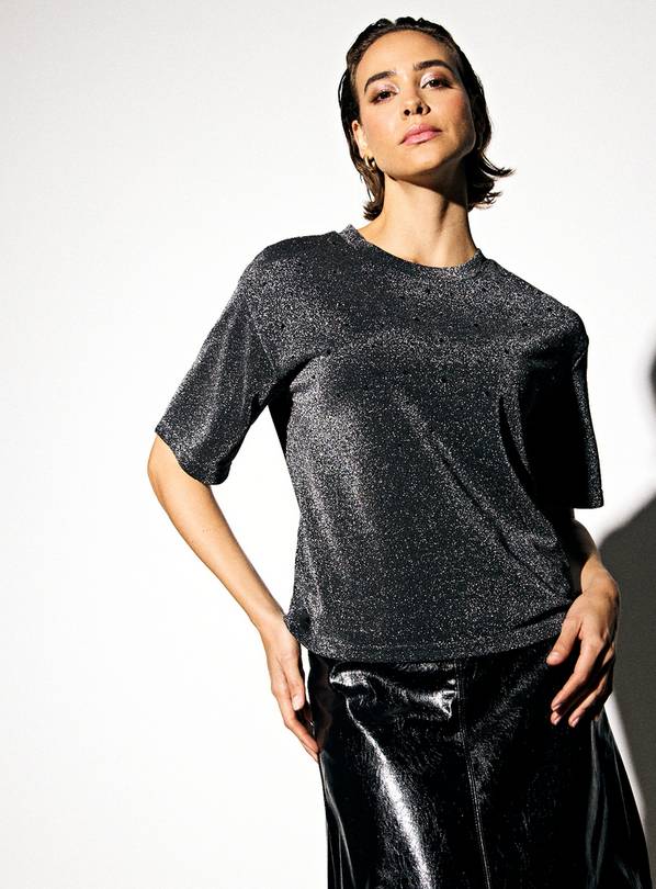 Black Hotfix Embellished Sparkle Boxy T-Shirt M