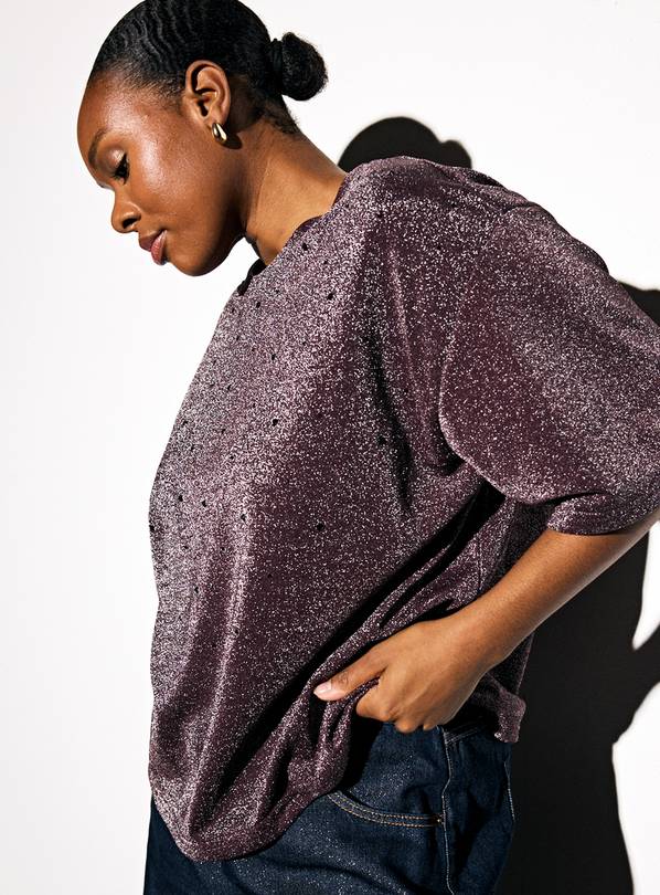 Brown Hotfix Embellished Sparkle Boxy T-Shirt XXL