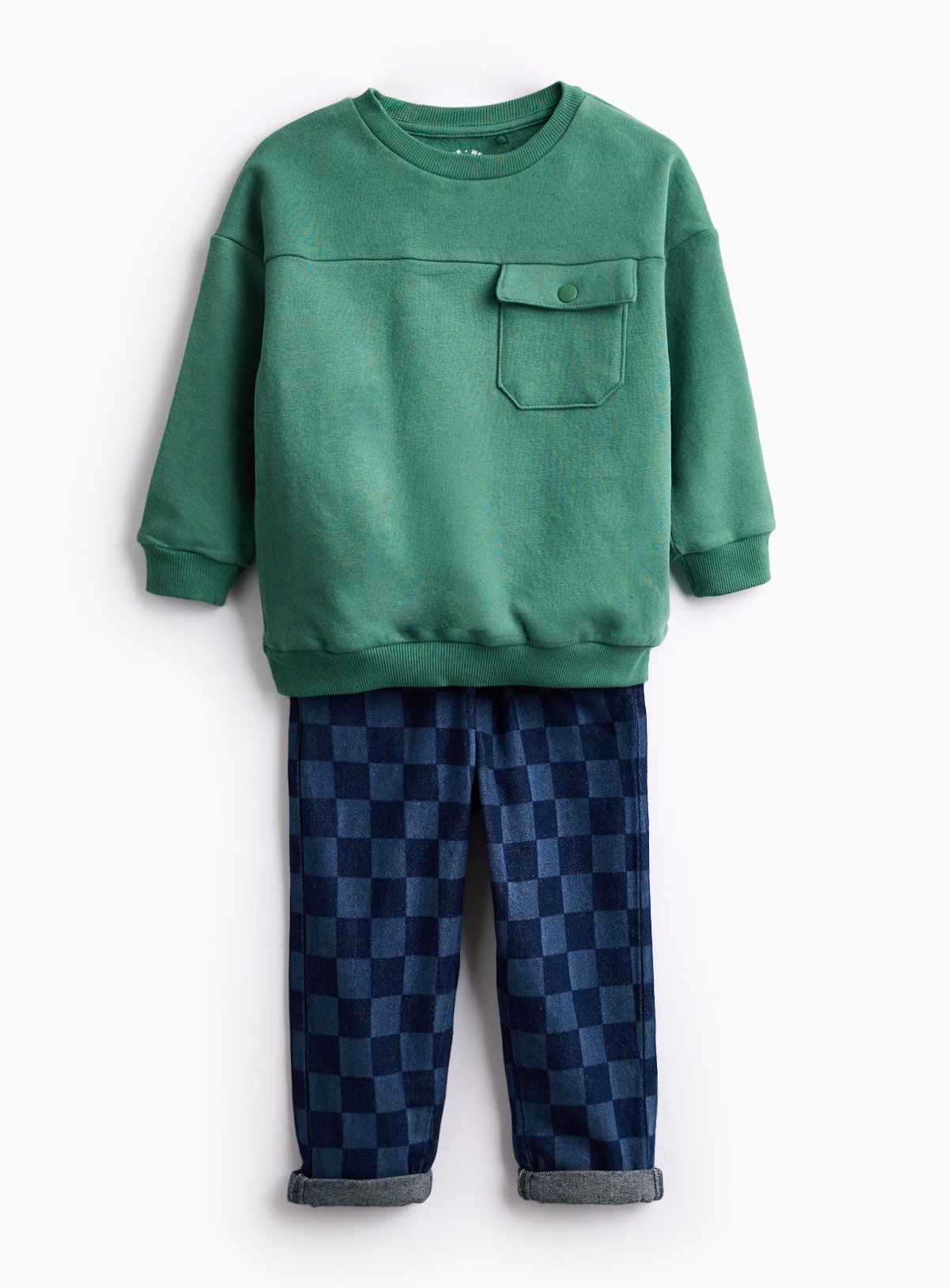 Green Green Sweatshirt & Chequered Print Denim Jeans - Tu by Sainsbury's