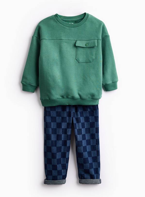 Green Sweatshirt & Chequered Print Denim Jeans 2-3 years