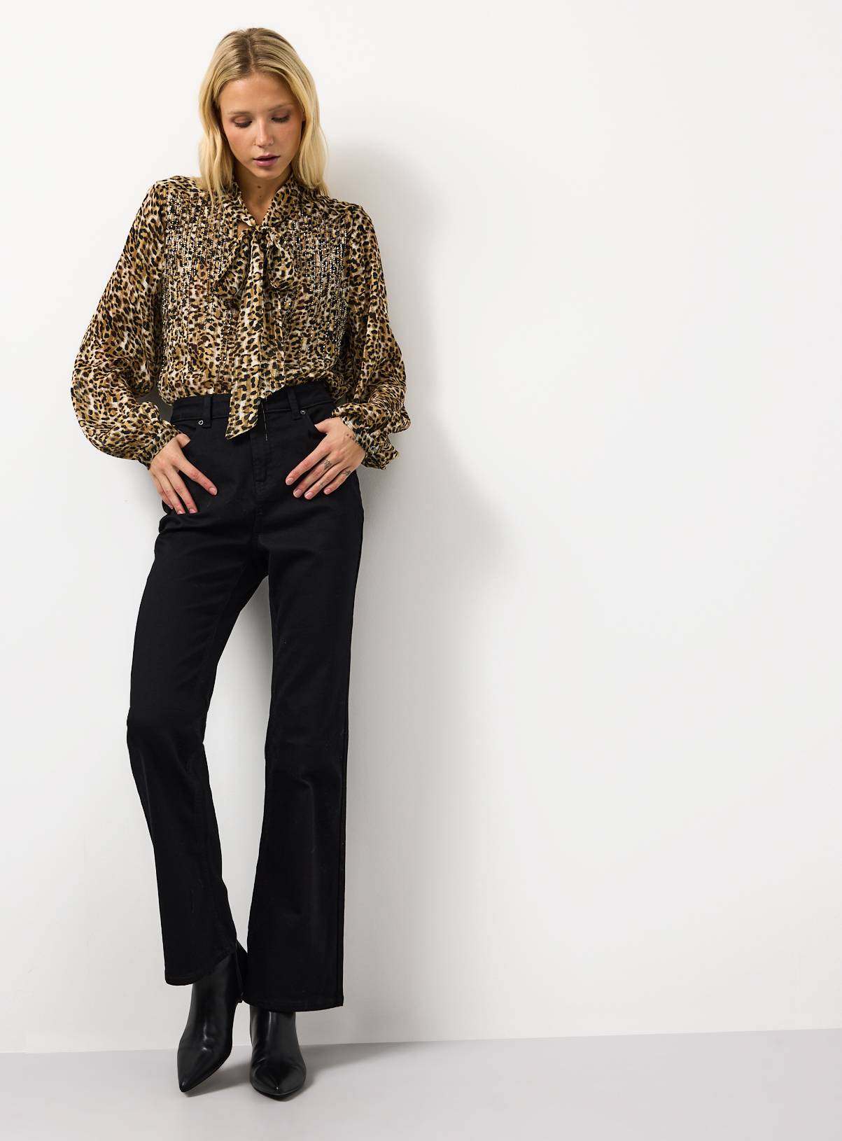 Leopard Printed Embellished Tie Neck Blouse 14 - Image 3