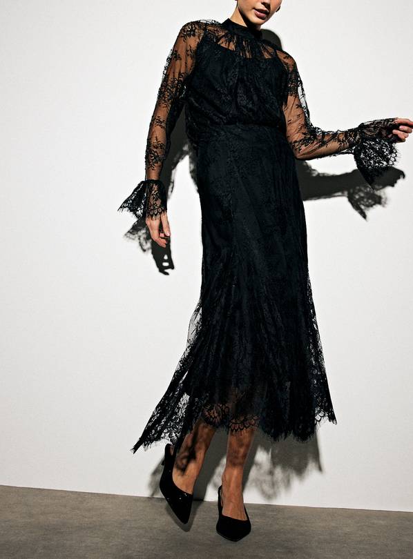 Black Lace Flute Sleeve High Neck Blouse 22