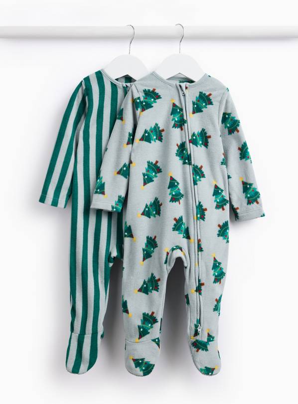 Christmas Stripe & Tree Print Micro Fleece Sleepsuits 2 Pack 3-6 months