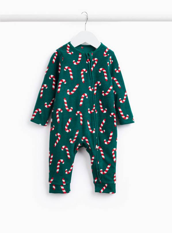 Green Fleece Candy Cane Printed Sleepsuit Newborn