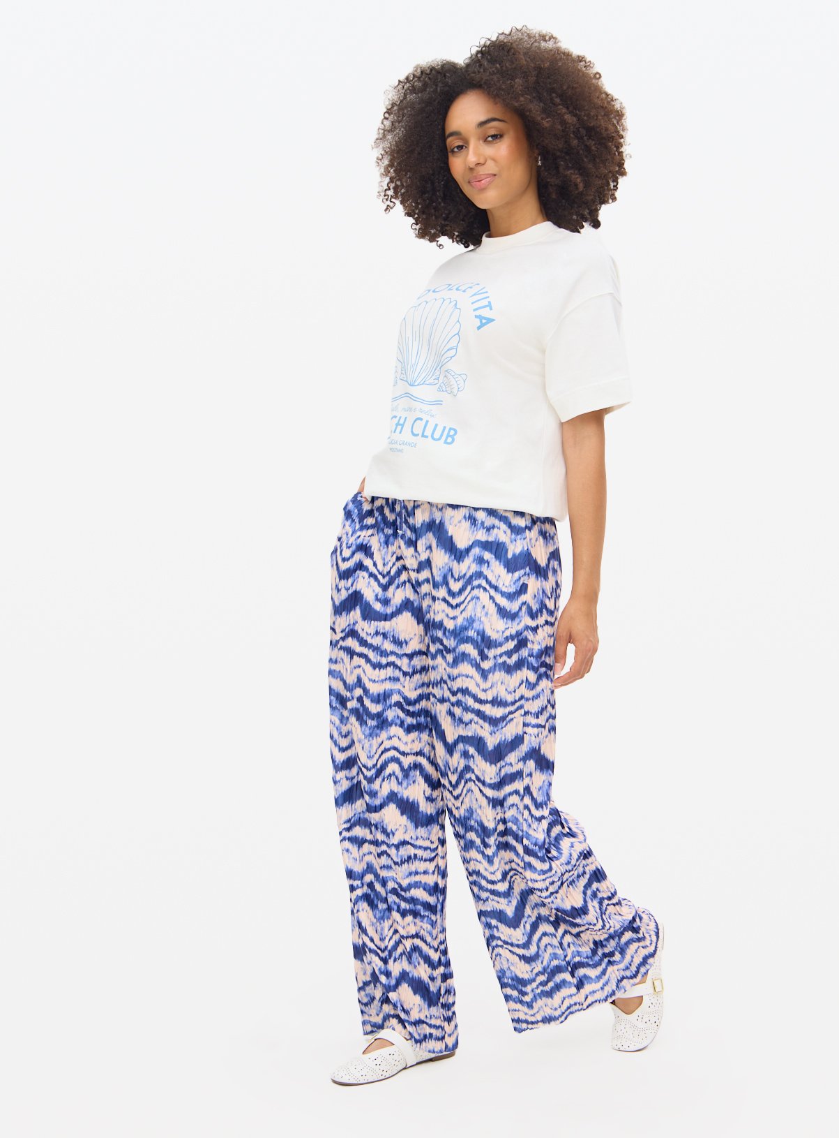 Blue Printed Plisse Ultra Wide Leg Trousers 14 - Image 2 thumbnail