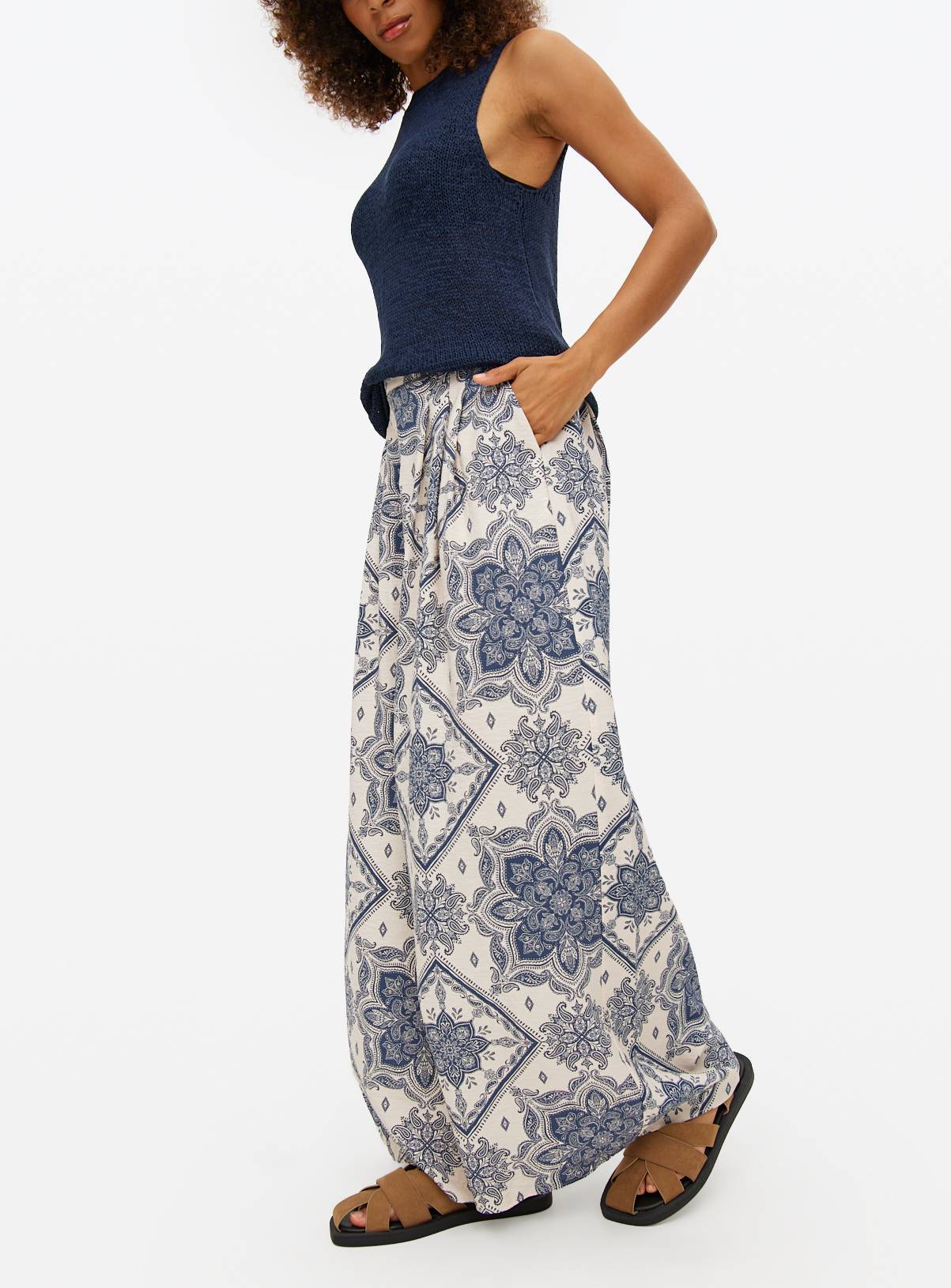 Ivory & Blue Wide Leg Scarf Print Palazzo Trousers 22 - Image 1