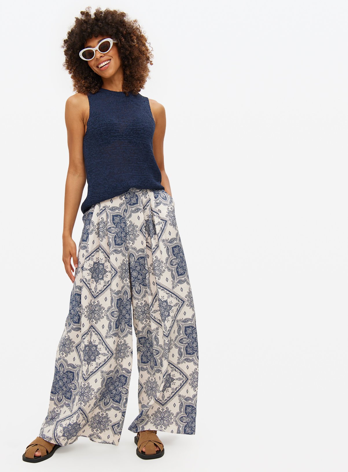 Ivory & Blue Wide Leg Scarf Print Palazzo Trousers 22 - Image 2 thumbnail