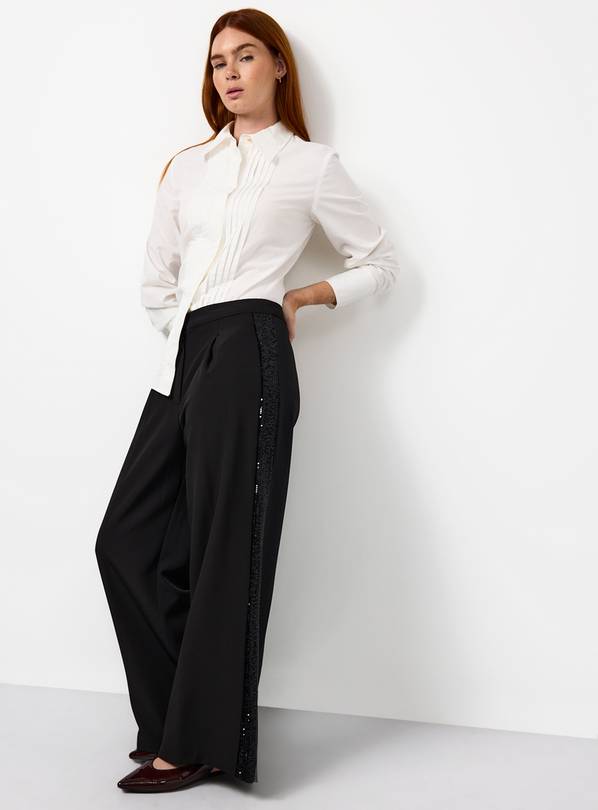 Black Tailored Sequin Side Panel Wide Leg Trousers  20R