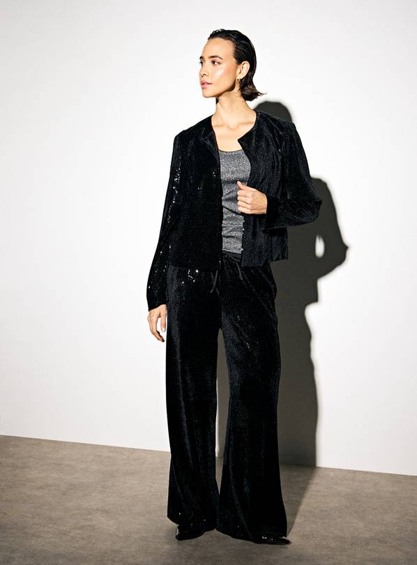 Black Sequin Embellished Pull-On Wide Leg Trousers  14L