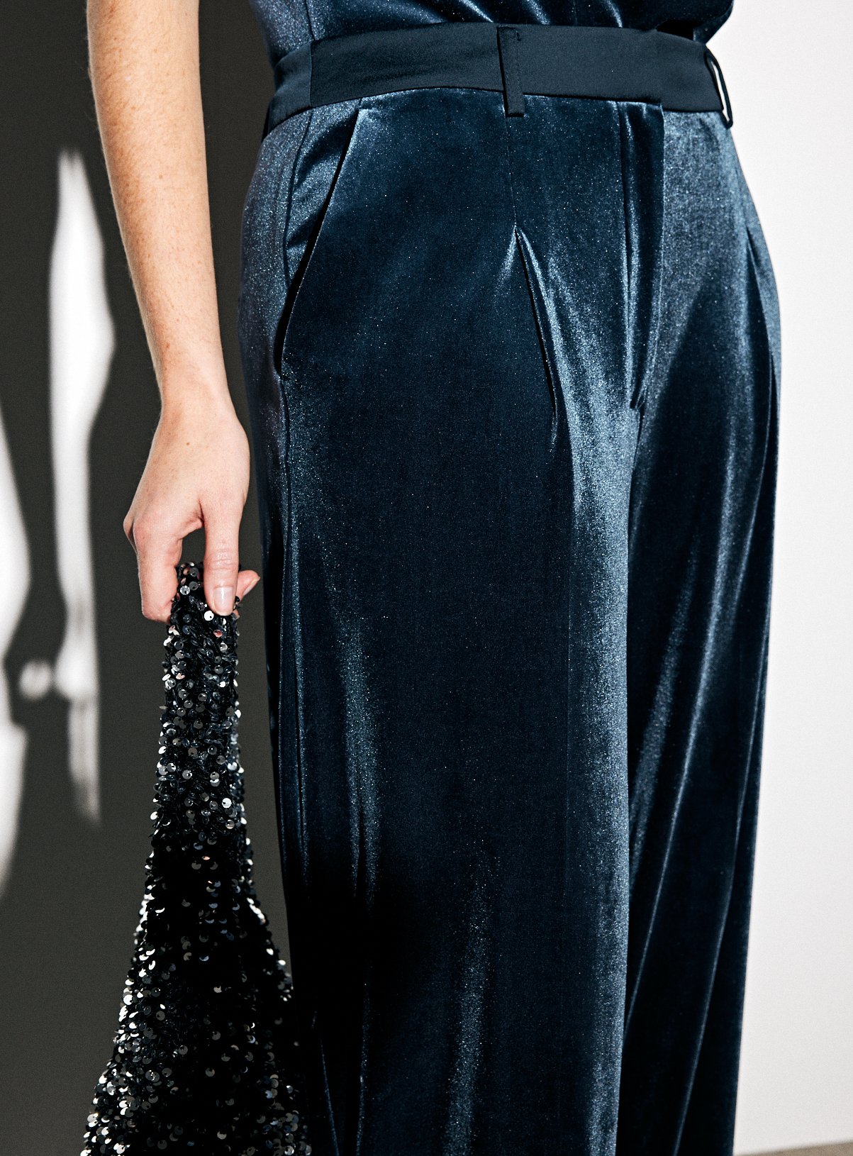 Navy Ultra Wide Velvet Tailored Trousers 26S - Image 2 thumbnail