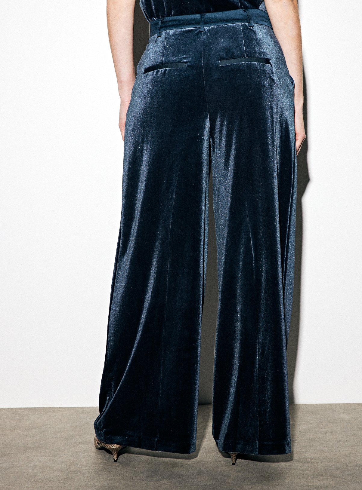 Navy Ultra Wide Velvet Tailored Trousers 26S - Image 4 thumbnail