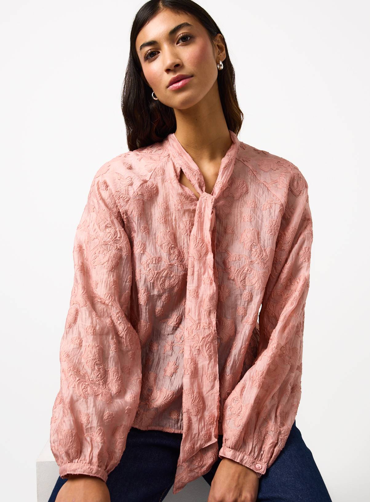 Pink Tie Neck Jacquard Blouse 12 - Image 1