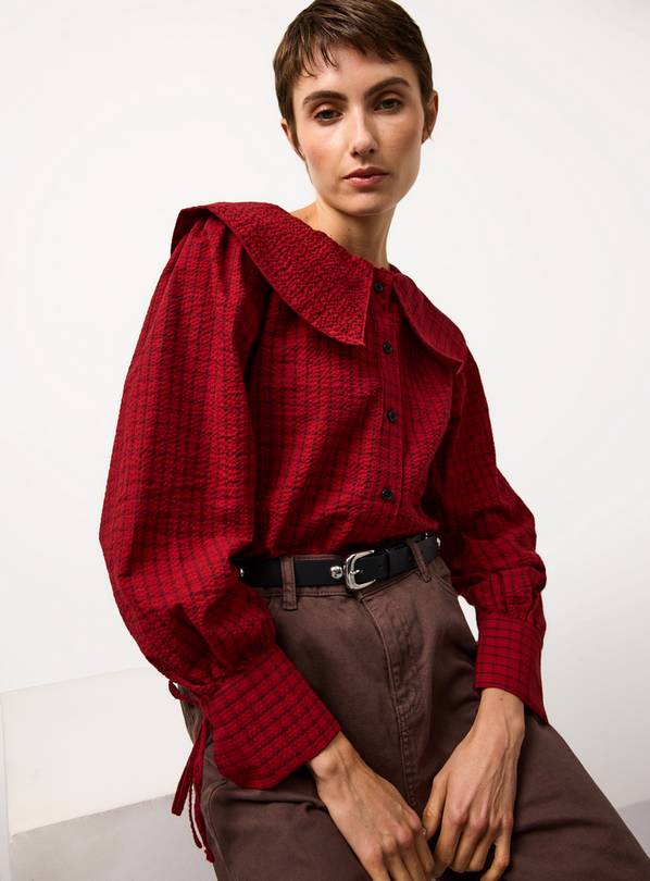 Red Check Printed Collared Blouse 8