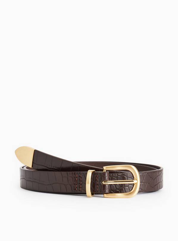 Matt Chocolate Brown Croc Faux Leather Metal Buckle Belt S