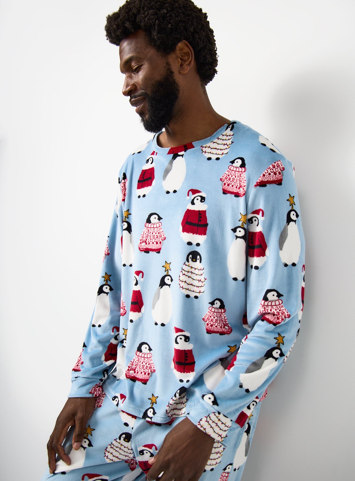 Matching Family Men's Christmas Blue Penguin Print Slinky Fleece Pyjamas