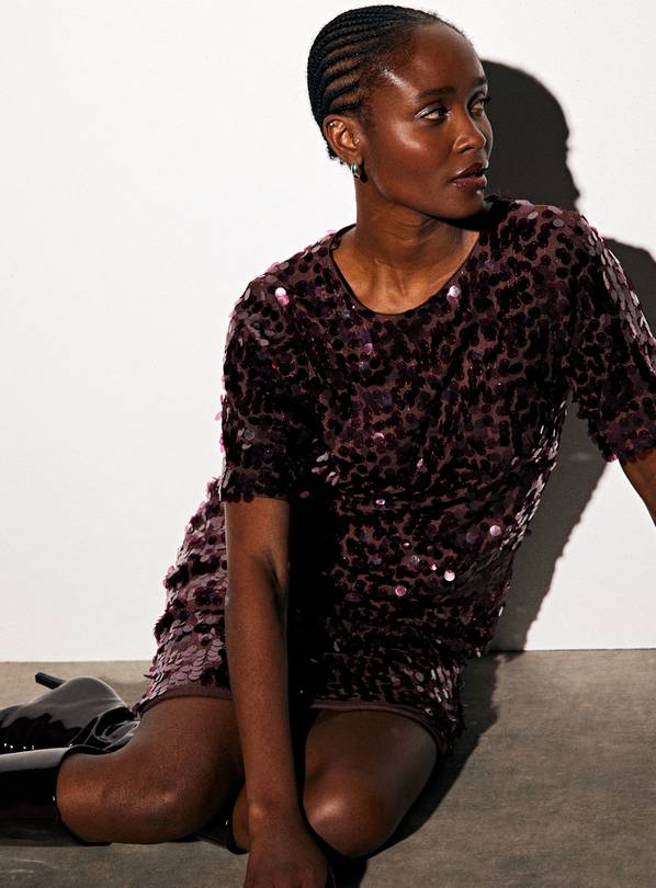 Buy Burgundy Sequin Mini T-Shirt Dress 6 | Mini | Argos