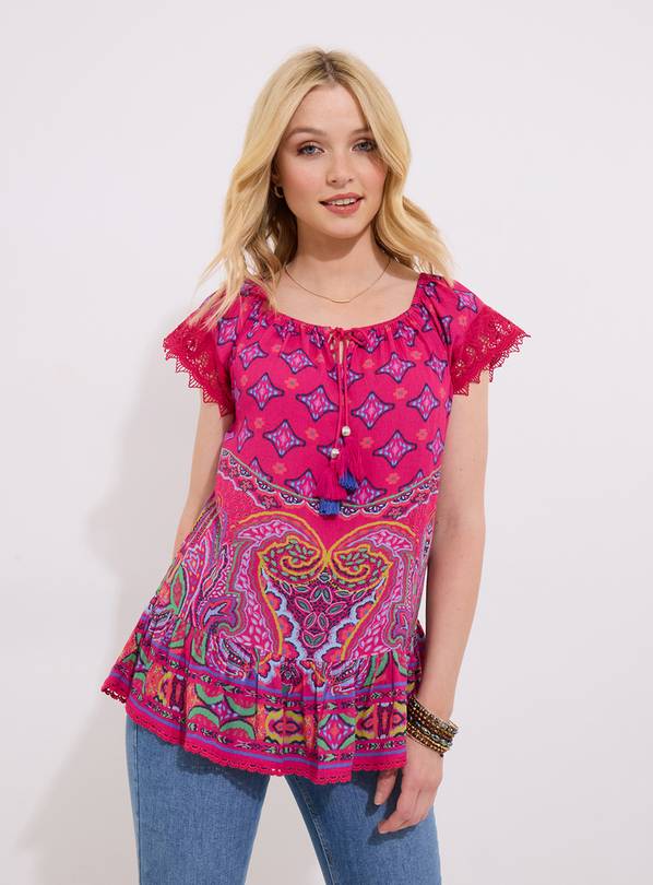 JOE BROWNS Printed Crochet Lace Trim Tassel Top 18