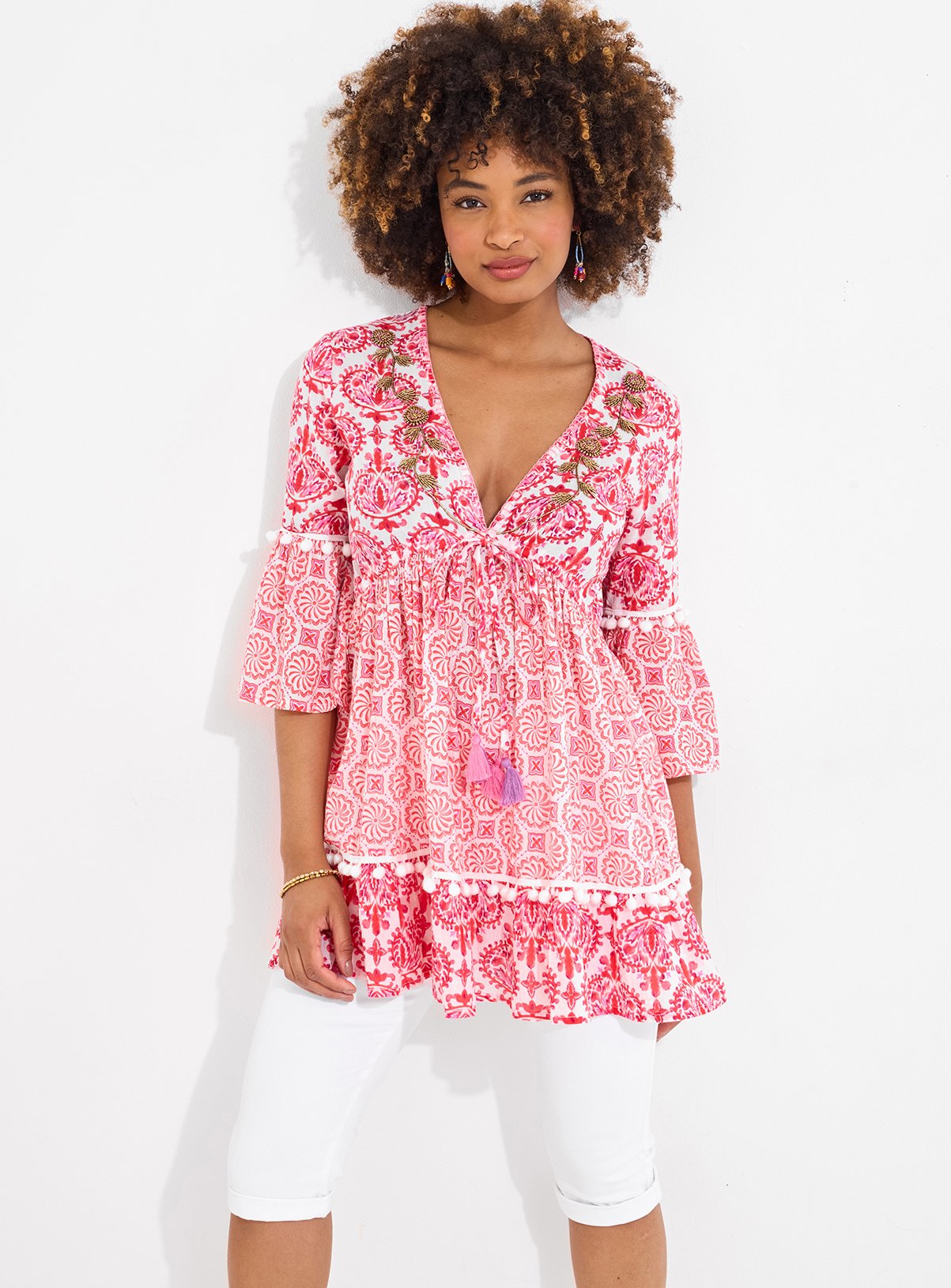 Pink JOE BROWNS Floral Tassel Trim Tunic