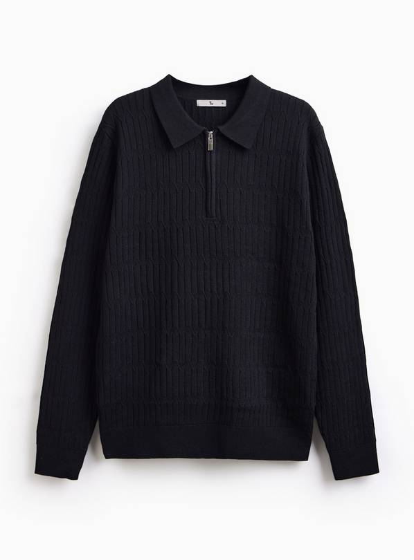 Black Textured Knit Zip Polo M