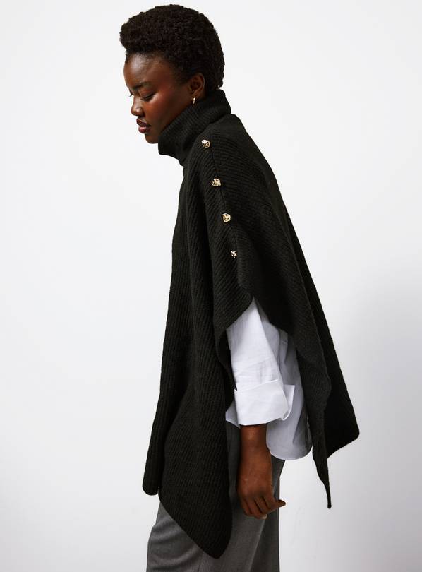 Black Button Roll Neck Knitted Poncho  One Size
