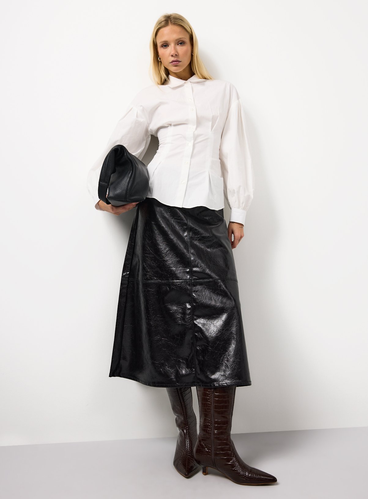 Black Vinyl Midaxi Full Skirt