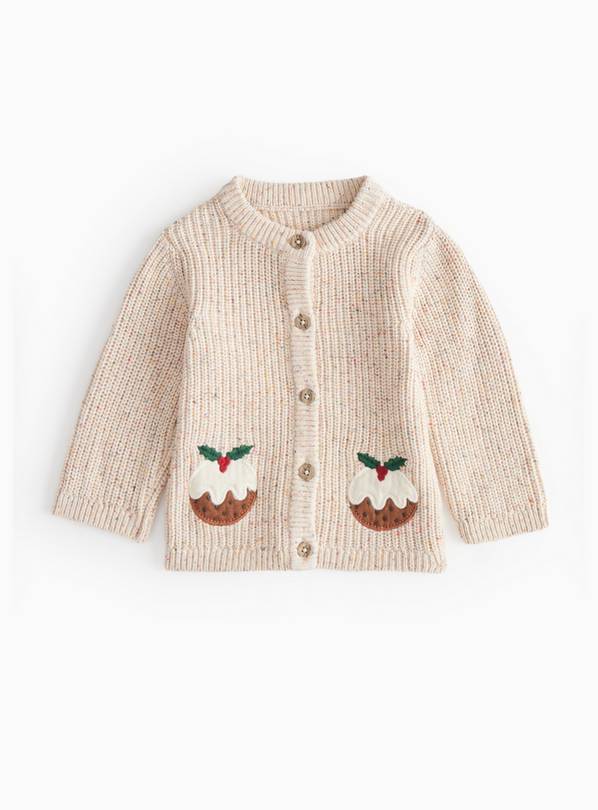 Cream Christmas Pudding Applique Knitted Cardigan 12-18 months