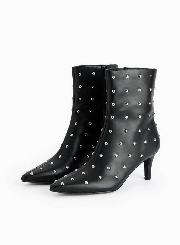 Black Faux Leather Studded Heeled Boots 7