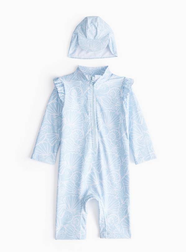 Blue Seashell Printed Sunsafe Swimsuit & Keppi Hat  2-3 years