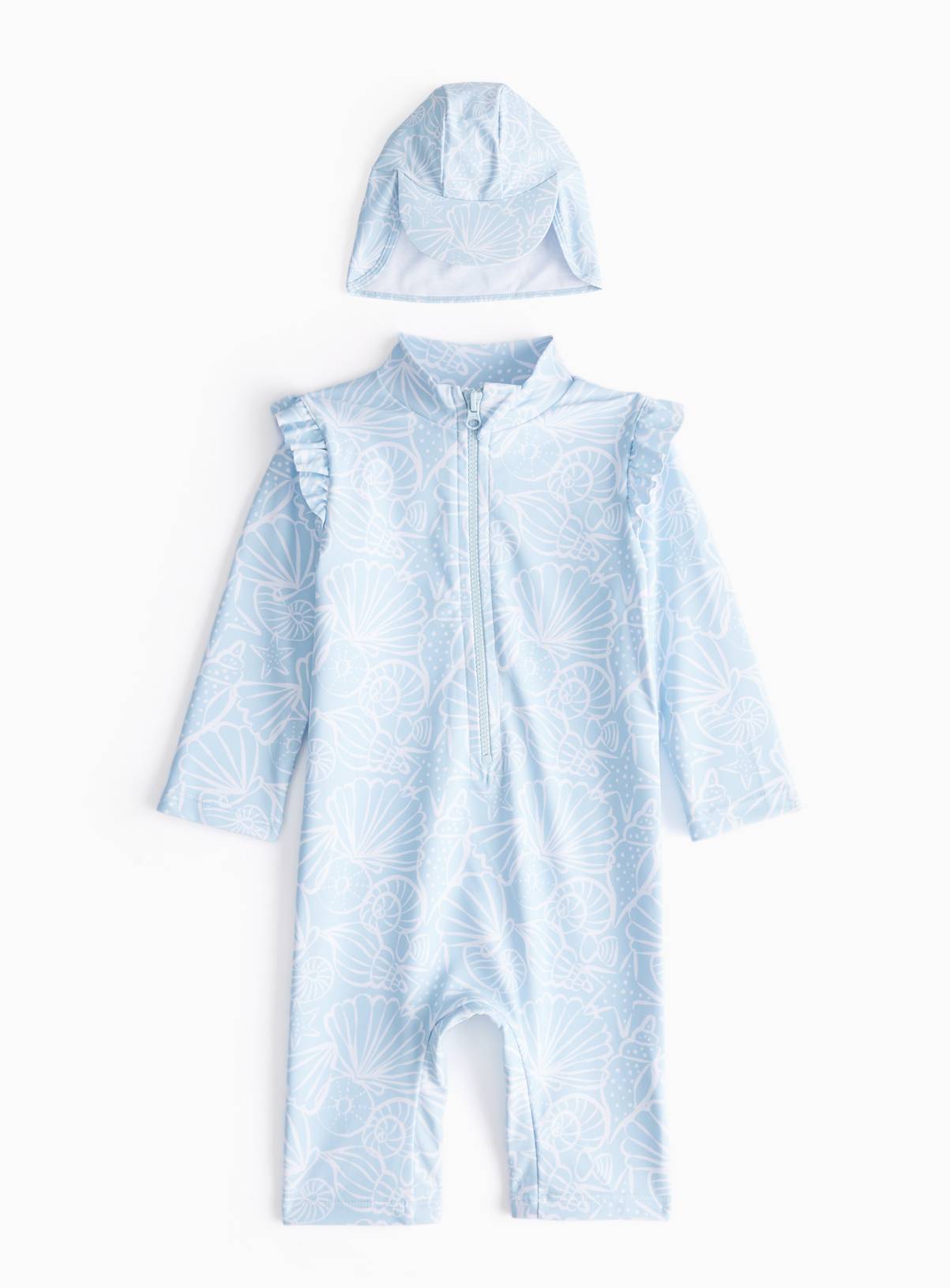 Blue Seashell Printed Sunsafe Swimsuit & Keppi Hat  6-9 months - Image 1